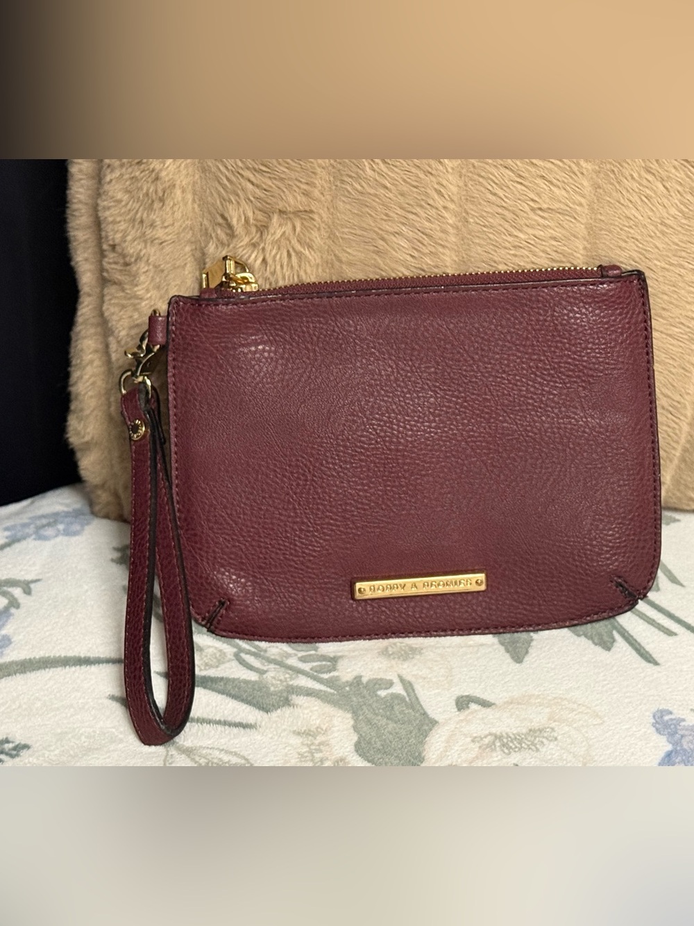 Poppy & Peonies Burgundy Pebbled Vegan Leather Wristlet Clutch Pouch